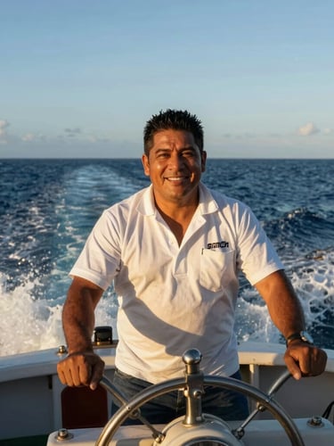 Portrait of an experienced Latino sea captain at the helm of a fishing vessel, smiling confidently, golden hour light, ocean background.