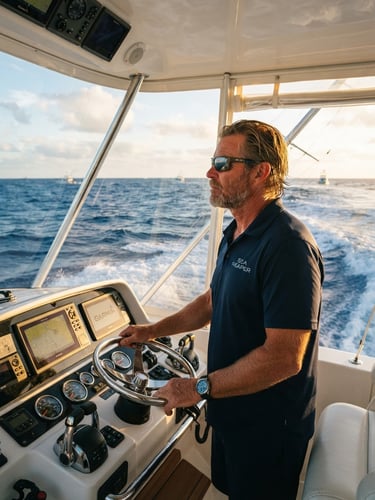 A professional sport fishing captain at the helm of a modern yacht, looking out at the deep blue ocean during golden hour, high-contrast action shot, 35mm lens.
