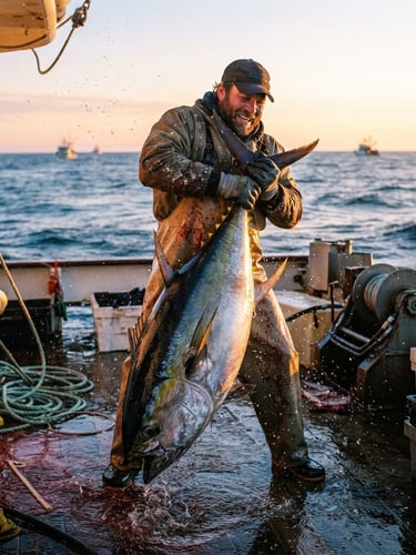 Dynamic marine photography of a fisherman holding a massive yellowfin tuna on the deck of a boat at sunrise, golden-hour sunlight reflecting off wet scales and ocean spray, high-contrast 35mm lens.
