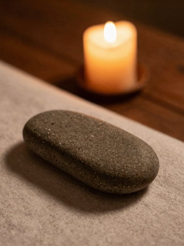 A close-up of a warm stone massage setup, a single candle burning softly in the background on a dark wooden surface, muted earth tones
