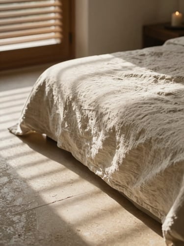 Soft morning sunlight filtering through wooden louvers onto a warm stone floor, minimalist daybed with textured linen sheets, shallow depth of field, warm editorial photography