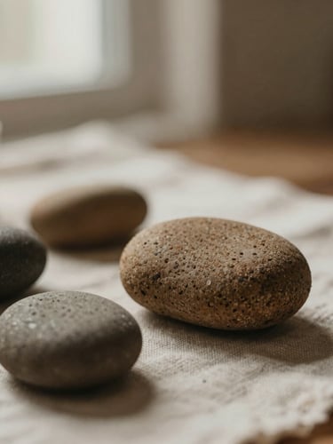 Macro close-up of warm basalt stones resting on textured linen, soft filtered afternoon window light, muted earth tones, shallow depth of field.
