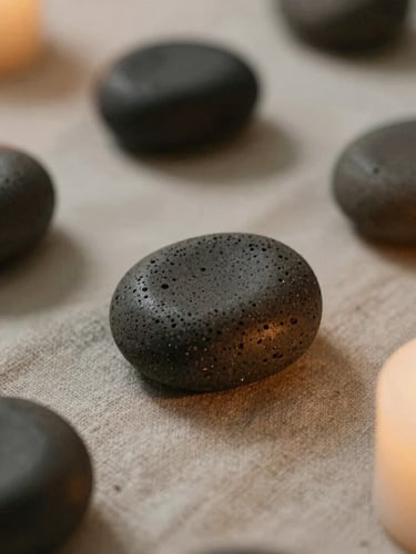 Close-up of warm basalt stones resting on textured linen under soft candle-lit shadows, muted earth tones, shallow depth of field, 35mm film texture