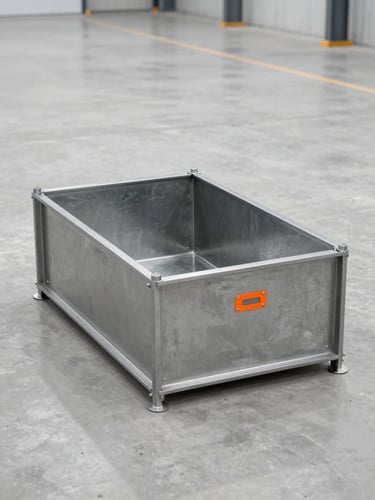 Wide shot of a large, modular heavy-duty steel spill containment unit on a clean concrete floor in an industrial warehouse, crisp utility lighting, safety orange accents.