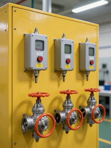 Industrial safety equipment, including heavy-duty lockout/tagout devices and emergency shut-off valves, mounted on a bright yellow panel in a plant interior, clean utility lighting.
