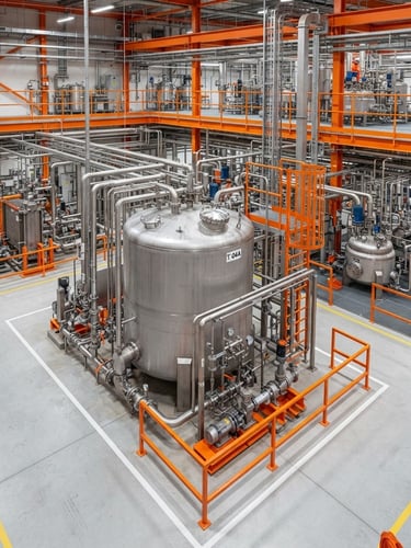Wide shot of a clean, well-lit industrial facility floor with heavy-duty steel fluid containment units, technical focus, crisp utility lighting, safety orange accents visible.