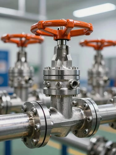 Close-up of polished stainless steel high-pressure fluid valves and interconnected pipes in a clean industrial facility, crisp utility lighting, sharp technical focus.
