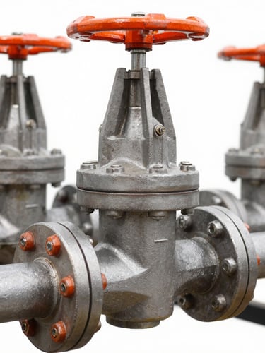 Portrait shot of heavy-duty steel fluid handling valves and pipes, with intricate technical details visible under crisp utility lighting. Focus on the rugged construction.