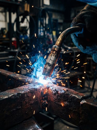 Macro shot of a heavy-duty MIG welding torch nozzle emitting cool blue arc light, sparks flying in a dark industrial workshop, high-contrast, 35mm