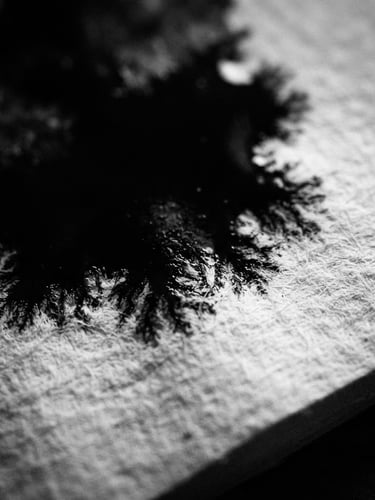 Stark black and white photography, macro shot of black ink bleeding slowly into thick textured white paper, high-contrast chiaroscuro lighting, deep shadows, 35mm film grain.