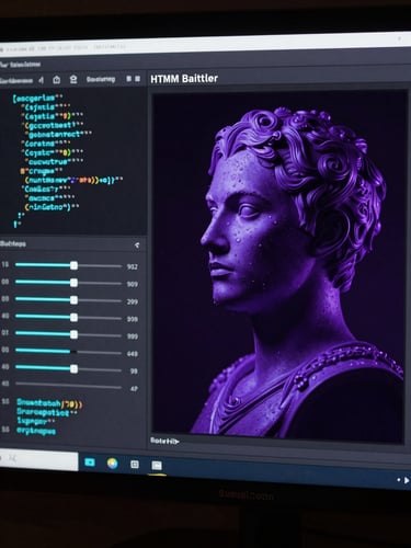 A high-contrast cinematic screen capture of an interactive HTML prompt builder interface, showing glowing cyan code syntax, interactive sliders, and a hyper-detailed surrealist sculpture render with deep purple lighting.