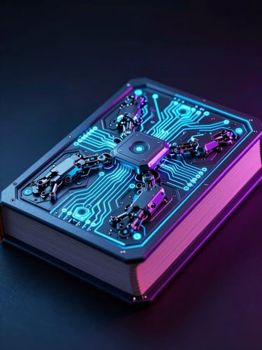 A hyper-detailed octane render of a futuristic mechanical book with glowing cyan circuits, dramatic dark studio lighting, intense neon purple highlights.