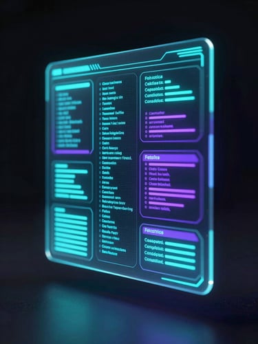 Futuristic holographic user interface floating in a dark studio, glowing cyan and purple terminal lines, macro details of digital glass, octane render style.