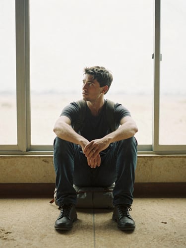Quiet environmental portrait of a thoughtful traveler sitting by a large window with soft natural daylight, warm sand tones, 35mm film style.