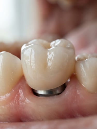 Macro photograph of a custom ceramic implant crown reflecting bright clinical daylight, shallow depth of field, high-end medical editorial style