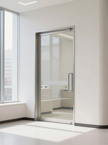 Architectural view of a modern, clean clinical dental office entrance in Midtown Manhattan, bright natural window light, high-end medical editorial style
