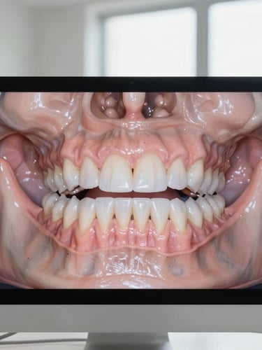 Macro clinical view of high-resolution 3D dental scan showing jaw structure on a clean monitor, soft daylight, sharp focus on the digital diagnostic interface