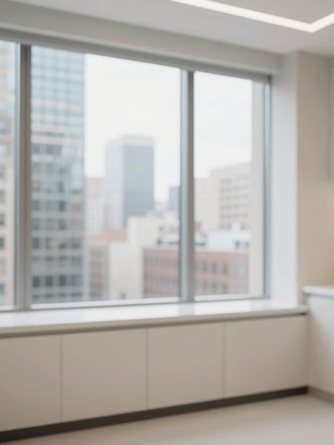 Architectural view of a modern Midtown Manhattan dental operatory, clean clinical photography, bright natural window light, soft neutral tones
