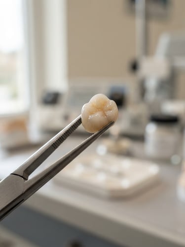 Macro photograph of a custom ceramic dental crown restoration held in surgical forceps under clean clinical daylight, shallow depth of field