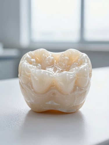 Macro close-up of a custom ceramic dental crown restoration resting on a clean, reflective clinical workstation, soft daylight, sharp focus on the detailed porcelain texture