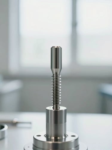 Macro shot of a high-precision titanium implant fixture being calibrated with surgical instruments, soft natural light, clean clinical background
