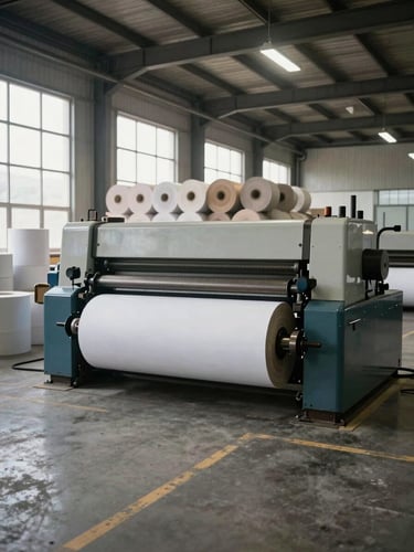 Wide interior shot of a paper manufacturing facility, large industrial rolling and cutting machines visible in the center and right, natural light entering from high windows on the left, concrete floor with marked lanes, organized stacks of paper rolls in the background, no posed workers, overhead facility lighting, documentary framing