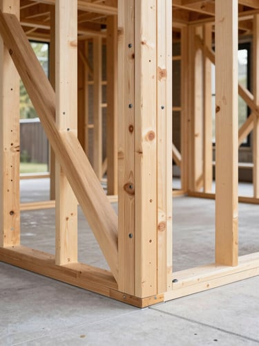 Crisp daylight shot of residential heavy timber framing, clean geometric lines of beams meeting structural steel connectors, pristine concrete slab below.