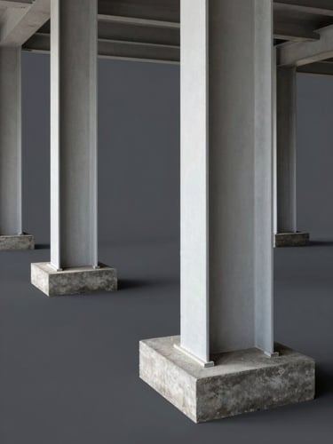 A high-end architectural drawing showing structural steel columns and concrete footings, crisp white lines on a deep slate gray background, natural light casting soft shadows