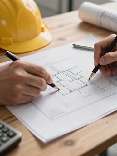 Close-up of a structural engineer analyzing a permit-ready architectural drawing on a wooden work table, natural side light.