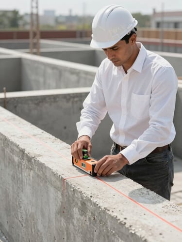 A structural engineer in a crisp white shirt using a laser level on a clean concrete foundation, bright natural daylight, architectural lines