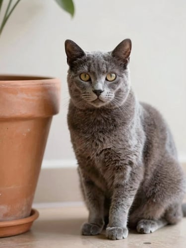 A sleek grey cat sitting peacefully by a terracotta pot, soft natural light, warm minimalist home interior, shallow depth of field.