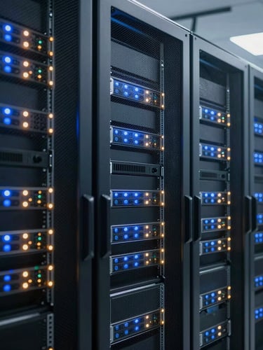 Highly secure server racks in a modern enterprise data center, glowing blue and amber led indicators, clean architectural lines, professional security operations center feel.