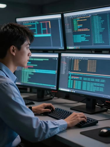 A professional security engineer analyzing encrypted data streams on multiple vertical monitors in a dark control room, soft blue and amber ambient light, highly technical and secure environment.