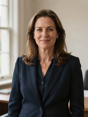 Editorial portrait of Valerie Bance, a professional legal advisor in a warm, natural-lit West Sussex office, deep navy tones, shallow depth of field, 35mm
