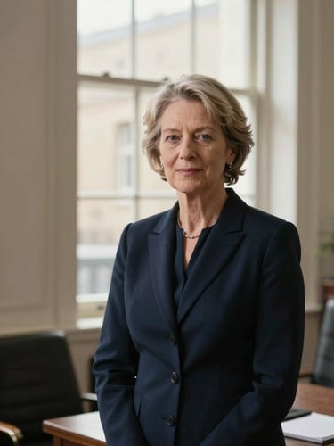 Editorial portrait of a senior female legal advisor in a refined London office, soft natural window light, muted navy tones, professional and authoritative.