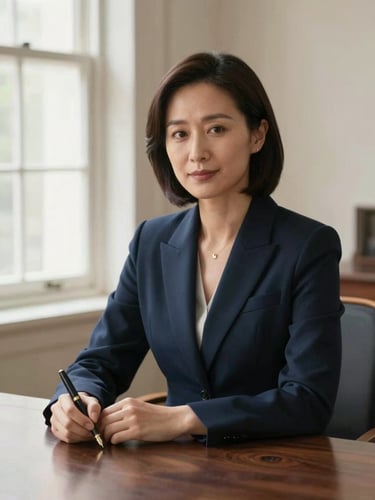 An editorial portrait of a female legal advisor in a structured navy blazer, sitting at a dark wood table with a fountain pen, soft natural window light, warm parchment background.