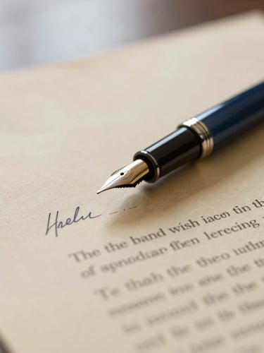 Close-up of a fountain pen resting on signed corporate contract documents, warm parchment paper, soft window light, shallow depth of field