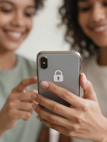 Close-up of a hand gently holding a smartphone, a lock icon visible on the screen, warm, reassuring natural light, shallow depth of field, emphasizing security and trust.