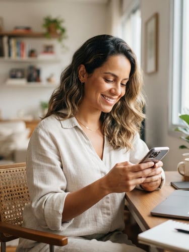 Brazilian woman in her 30s, smiling gently, looking at her phone in a bright, modern home office, natural daylight, shallow depth of field, feeling of relief and peace of mind.