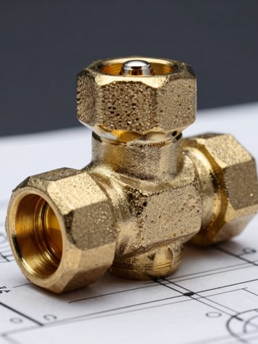 Macro detail shot of a brushed brass plumbing valve resting on a technical blueprint, crisp directional studio lighting highlighting metallic textures and fine-milled edges, deep slate background.