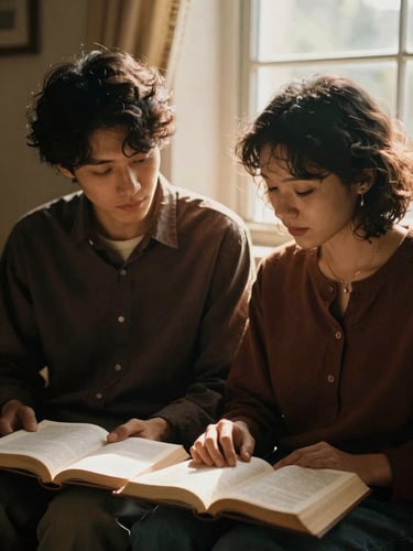 A warm, intimate portrait of two people sitting together over open scriptures, soft golden hour light filtering through a window, authentic emotion, 35mm