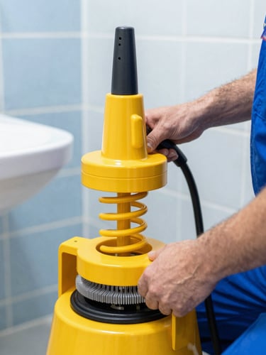 Close-up of a professional technician operating a clean yellow mechanical spiral drain cleaner machine inside a modern bathroom, bright daylight, high contrast blue and yellow tones, sharp focus.