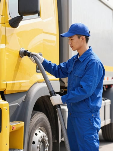 Professional technician in clean blue uniform operating a clean vacuum hose connected to a modern truck, daytime, sharp focus, professional utility style