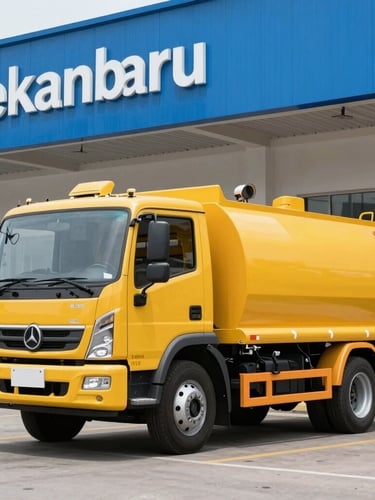 Clean modern yellow vacuum truck parked in front of a clean Pekanbaru commercial building, bright daylight, high contrast blue and yellow tones, professional utility style