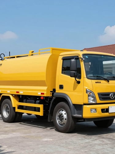 Clean yellow vacuum truck parked neatly on a clean concrete driveway in Pekanbaru, bright daylight, professional utility style
