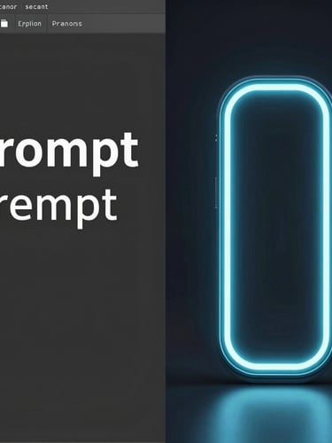 Split-screen comparison showing clean prompt text on a dark terminal interface on the left, and a high-fidelity neon-lit digital render of a futuristic product on the right, cool-toned digital glow, sharp focus.