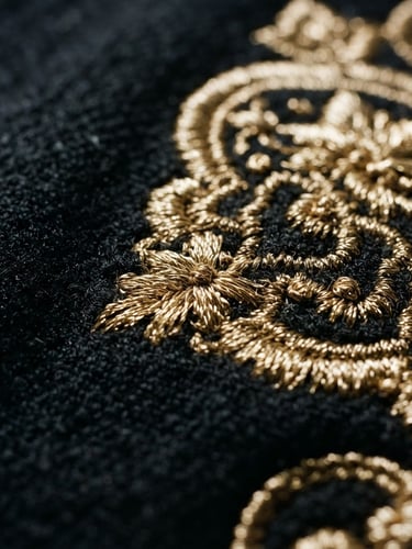 Close-up of precision stitching on heavy black fabric with gold thread, dramatic high-contrast studio lighting, sharp textile textures, 35mm