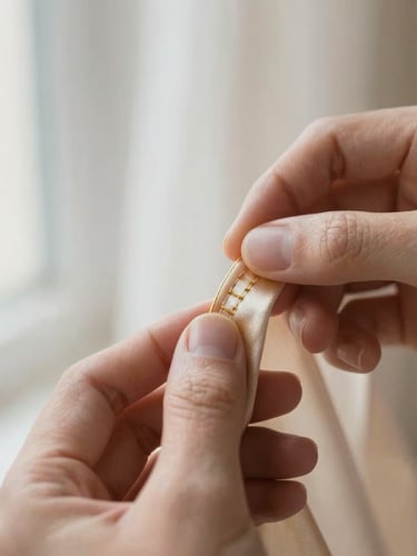 Macro shot of delicate hand-stitching on a champagne gold silk lapel, tailor's hands visible, soft diffused morning light, shallow depth of field