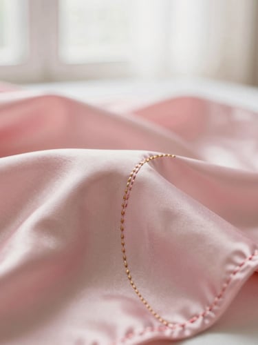 Close-up of delicate hand-stitching on premium pink silk fabric, soft morning window light, shallow depth of field