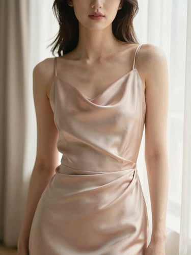 Elegant portrait of a woman in a custom-tailored silk dress, soft morning window light, warm blush tones, shallow depth of field, 85mm lens
